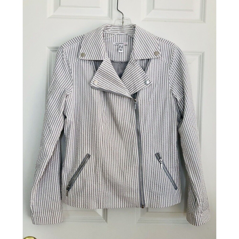 ISSAC MIZARAHI LIVE! Women's Moto Jacket Size 2 Full Zip Striped Grey/White